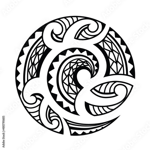 Maori tattoo style swirl round circle ornament. Fish hook. Bone matau. Hei matau.	