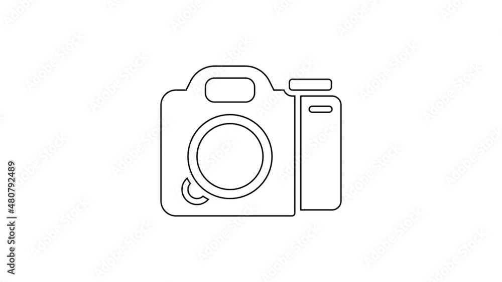 Black line Photo camera icon isolated on white background. Foto camera. Digital photography. 4K Video motion graphic animation Black line Photo camera icon isolated on white background. Foto camera. Digital photography. 4K Video motion graphic animation