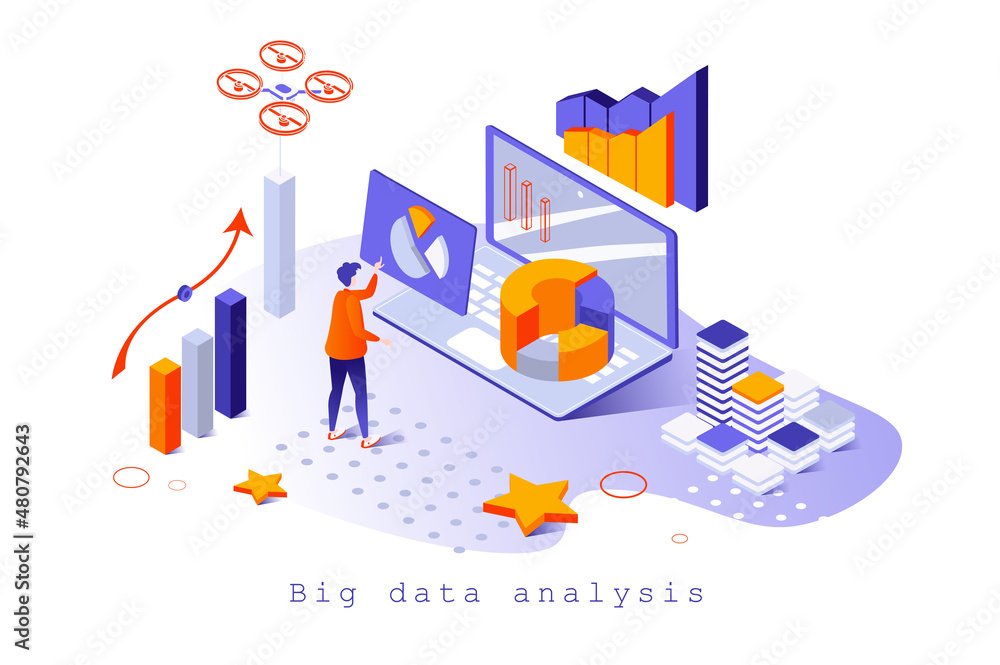 Big data analysis concept in 3d isometric design. User making marketing research, works with business statistics in online data center, web template with people scene. Vector illustration for webpage Big data analysis concept in 3d isometric design. User making marketing research, works with business statistics in online data center, web template with people scene. Vector illustration for webpage
