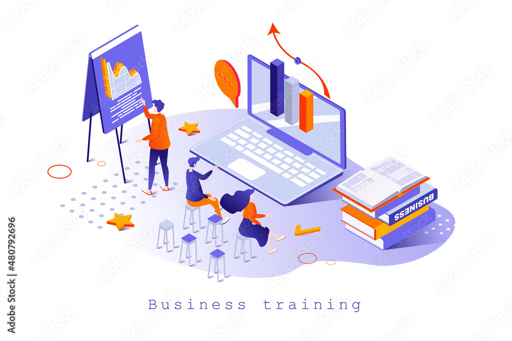 Business training concept in 3d isometric design. Employees learning at coach lecture, mentoring and consulting, career development, web template with people scene. Vector illustration for webpage