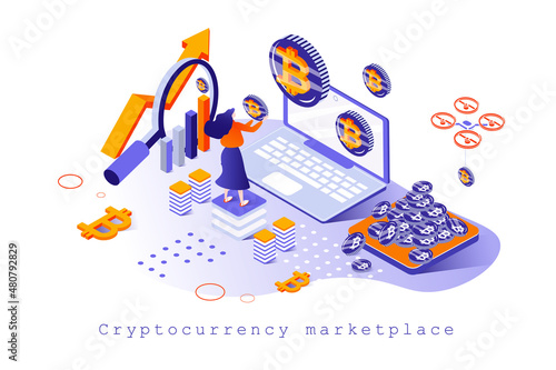 Cryptocurrency marketplace concept in 3d isometric design. Blockchain technology, bitcoin mining, buying and selling crypto money, web template with people scene. Vector illustration for webpage