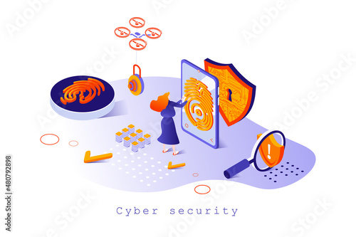 Cyber security concept in 3d isometric design. Protection of personal data on Internet, user identification by fingerprint scanner, web template with people scene. Vector illustration for webpage