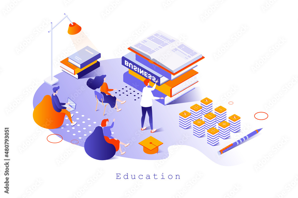 Education concept in 3d isometric design. Students and pupils read books, prepare for exams, gain knowledge in classroom, e-learning, web template with people scene. Vector illustration for webpage Education concept in 3d isometric design. Students and pupils read books, prepare for exams, gain knowledge in classroom, e-learning, web template with people scene. Vector illustration for webpage