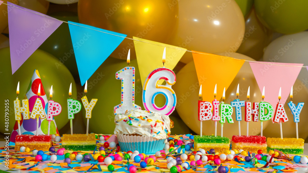 Cupcake creme with candle for sixteen, Happy birthday colorful card for