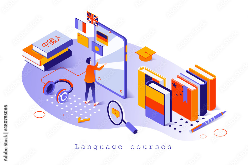 Language courses concept in 3d isometric design. Student studies foreign languages online, learns to speak and translate, reads books, web template with people scene. Vector illustration for webpage Language courses concept in 3d isometric design. Student studies foreign languages online, learns to speak and translate, reads books, web template with people scene. Vector illustration for webpage