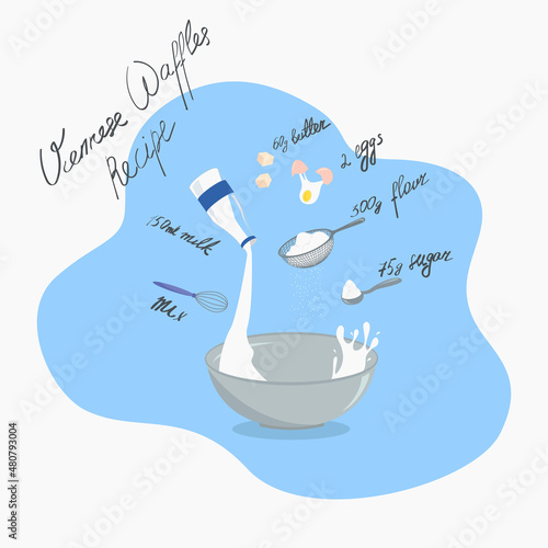 Viennese waffles recipe vector illustration isolated on white. Cooking process vector illustration isolated on white. Recipe illustration with ingredients and utencils