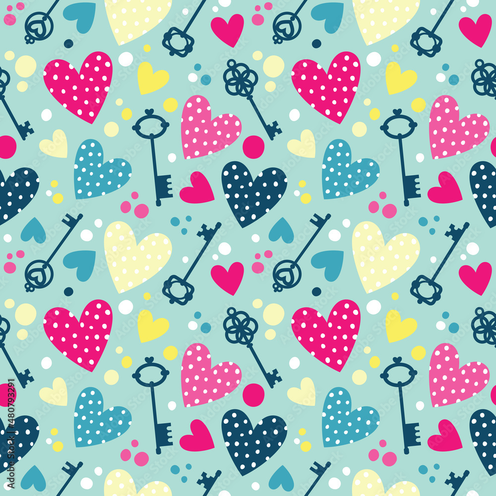Seamless pattern with polka dot hearts and keys. Seamless pattern with polka dot hearts and keys.