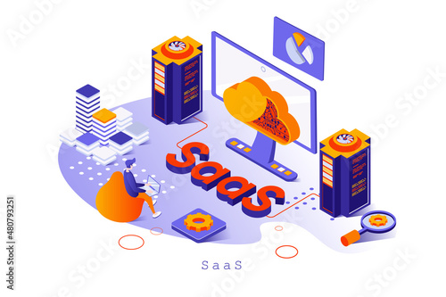 SaaS concept in 3d isometric design. Users subscribe to software and purchasing licenses, using cloud computing and storage platform, web template with people scene. Vector illustration for webpage