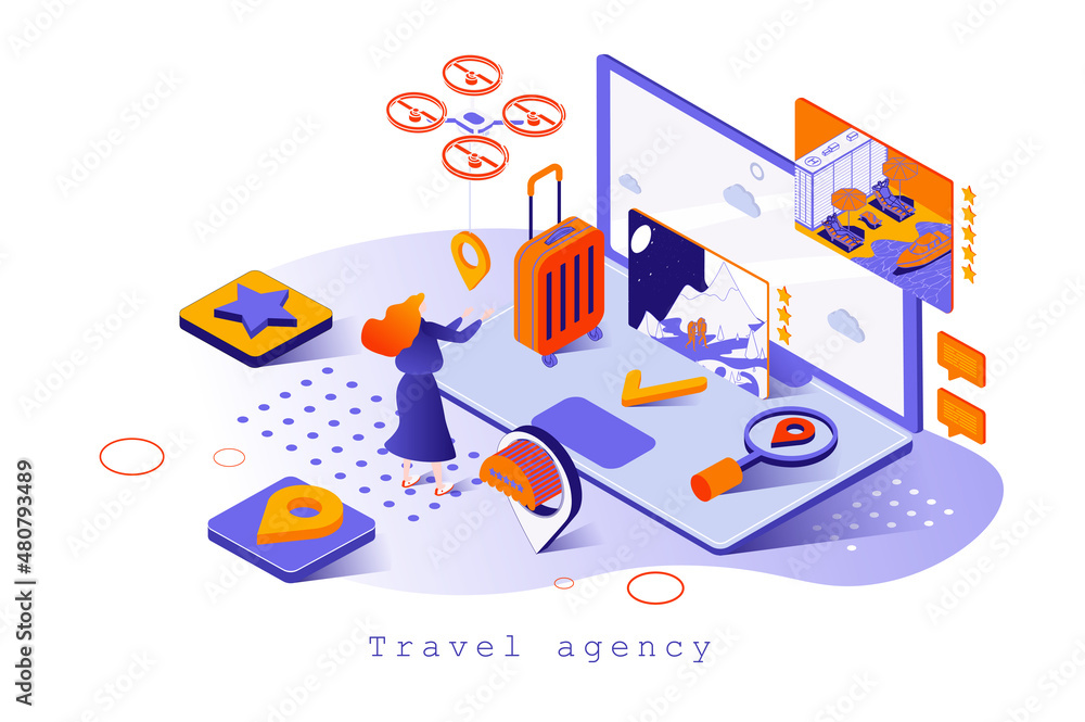 Travel agency concept in 3d isometric design. Search for destinations for tourist trip, booking tickets and hotel rooms for vacation, web template with people scene. Vector illustration for webpage Travel agency concept in 3d isometric design. Search for destinations for tourist trip, booking tickets and hotel rooms for vacation, web template with people scene. Vector illustration for webpage