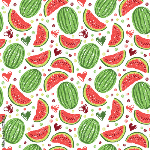 Fototapeta Naklejka Na Ścianę i Meble -  Seamless pattern with watermelons and hearts.