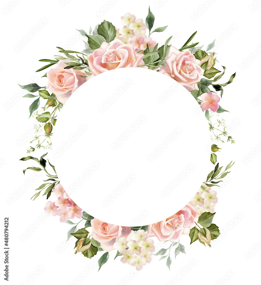 Rose flower wreath. Watercolor blush flowers. Design perfect for wedding invitation, logo, greeting cards. Hand drawing floral illustration isolated on a white background Rose flower wreath. Watercolor blush flowers. Design perfect for wedding invitation, logo, greeting cards. Hand drawing floral illustration isolated on a white background