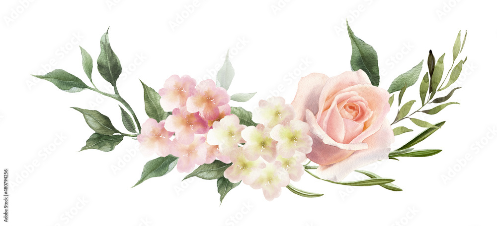 Rose flower wreath.  Watercolor blush flowers. Design perfect for wedding invitation, logo, greeting cards. Hand drawing floral illustration isolated on a white background