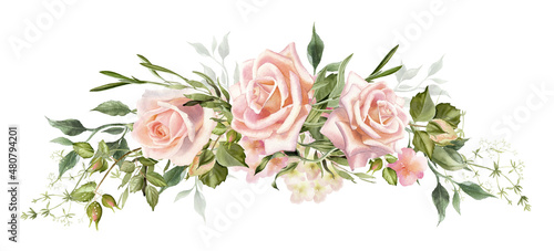 Watercolor blush rose flowers wreath.  Design perfect for wedding invitation  poster  greeting cards. Hand drawing floral illustration isolated on a white background