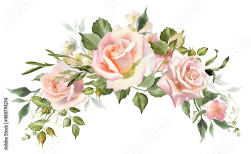 Watercolor blush rose flowers wreath.  Design perfect for wedding invitation  poster  greeting cards. Hand drawing floral illustration isolated on a white background