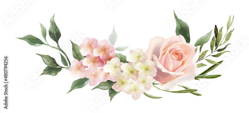 Rose flower wreath. Watercolor blush flowers. Design perfect for wedding invitation, logo, greeting cards. Hand drawing floral illustration isolated on a white background