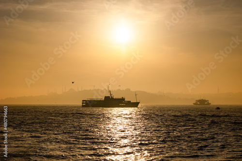 Istanbul background photo. Silhouette of ferries and cityscape of Istanbul © senerdagasan