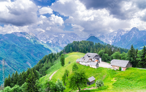 Mountain landscape, Alps in Slovenia with farm next to Logarska dolina