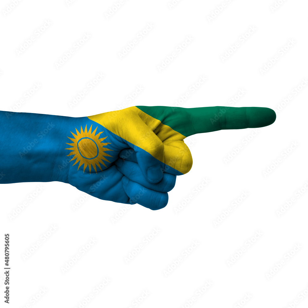 Hand pointing right side, rwanda painted with flag as symbol of right direction, forward - isolated on white background