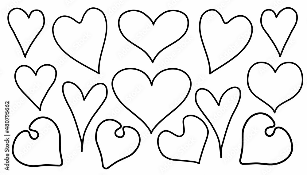 Cute set of vector hearts icons isolated on white background. Hand ...