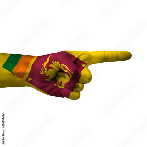 Hand pointing right side  sri lanka painted with flag as symbol of right direction  forward - isolated on white background