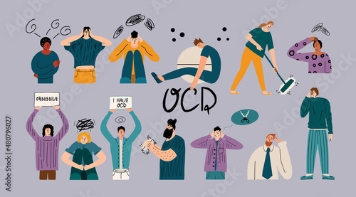 Big set with people suffering from obsessive compulsive disorder. Characters with neurosis, phobias, panic attacks. Vector hand-drawn illustration with text.