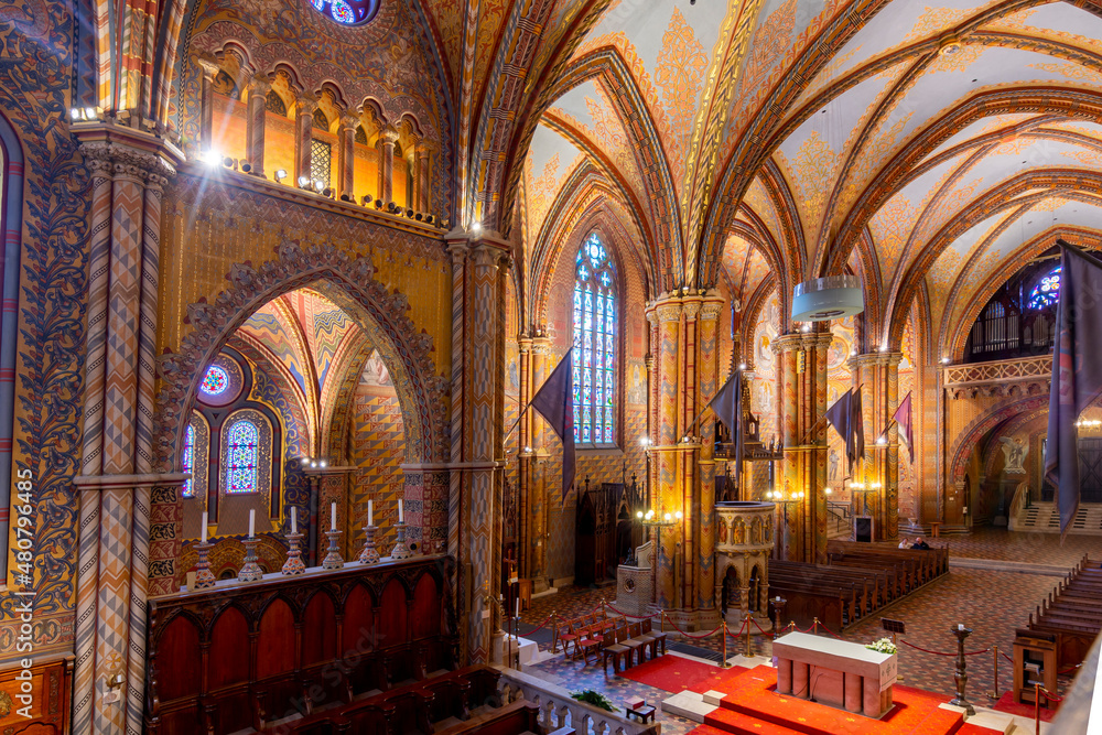 Interiors of Matthias church in Fisherman bastion, Budapest, Hungary