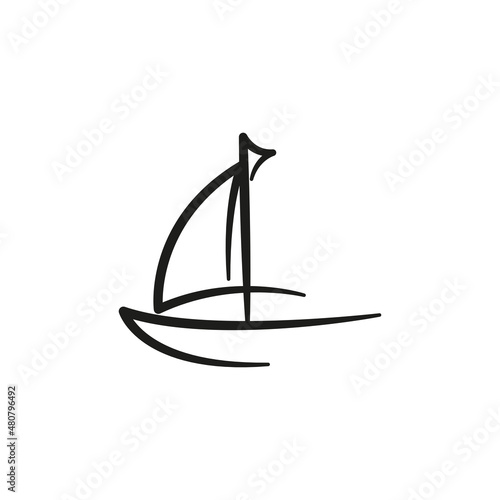 Sailboat linear vector design. Sailing ship icon on the sea. 