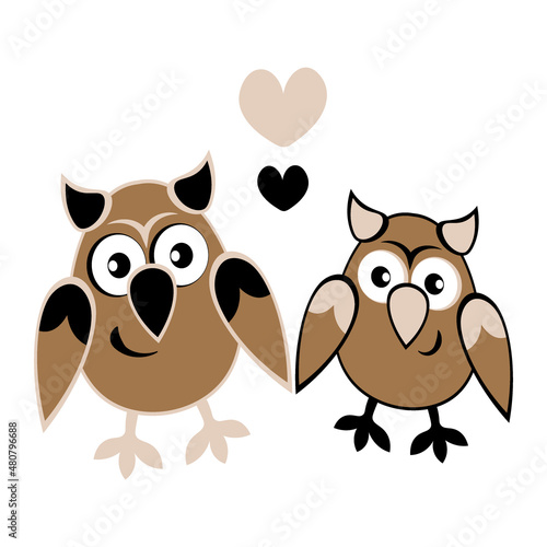 two owls in love with hearts. Cartoon birds. Pastiche. Children drawing