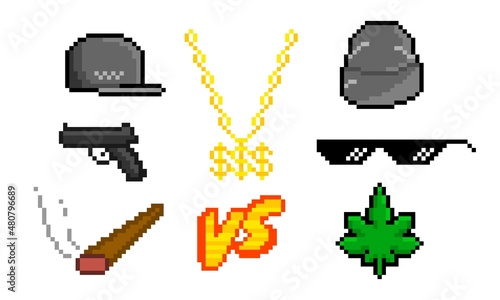 Cool pixel stuff of rapper. Hip hop baseball caps with gold chains with dollar sign and gun. Fashionable sunglasses and smoking jambs vc rap battle symbol black vector art.
