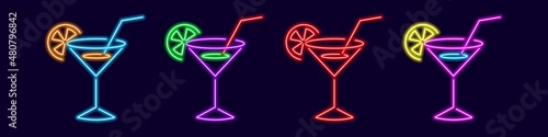 Glowing cocktails in neon martini glasses. Red knickerborker with lime wedge and magenta manhattan with lemon. Trendy purple margarita with shades of rich vector blue lagoon.