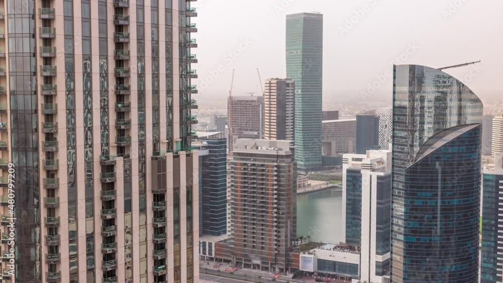 Aerial skyline of a big futuristic city timelapse. Business bay and Downtown Aerial skyline of a big futuristic city timelapse. Business bay and Downtown