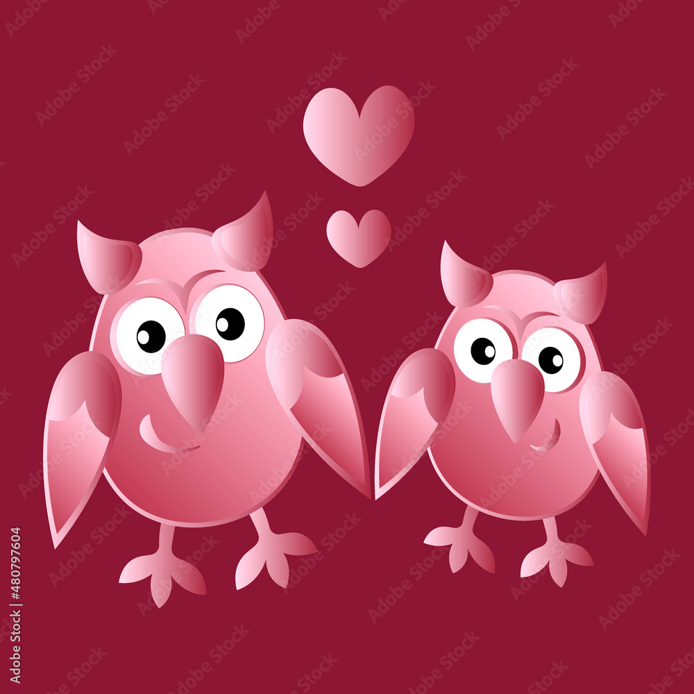 two owls in love with hearts. Cartoon birds. Pastiche. Children drawing