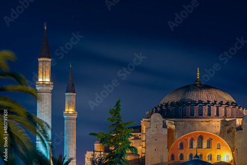 Night image of the dome and two minarets of the Hagia Sophia Museum Mosque in Istanbul, Turkey