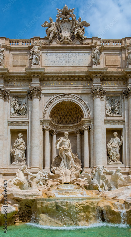 Fontana di Trevi Fountain by Nicola Salvi in front of Palazzo Poli Palace in Trevi quarter of historic Old Town city center of Rome in Italy