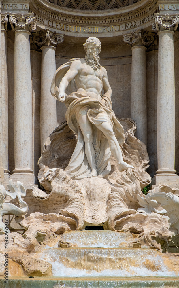 Mythical Oceanus and titan statues on Fontana di Trevi Fountain in front of Palazzo Poli Palace in Trevi quarter of historic Old Town city center of Rome in Italy