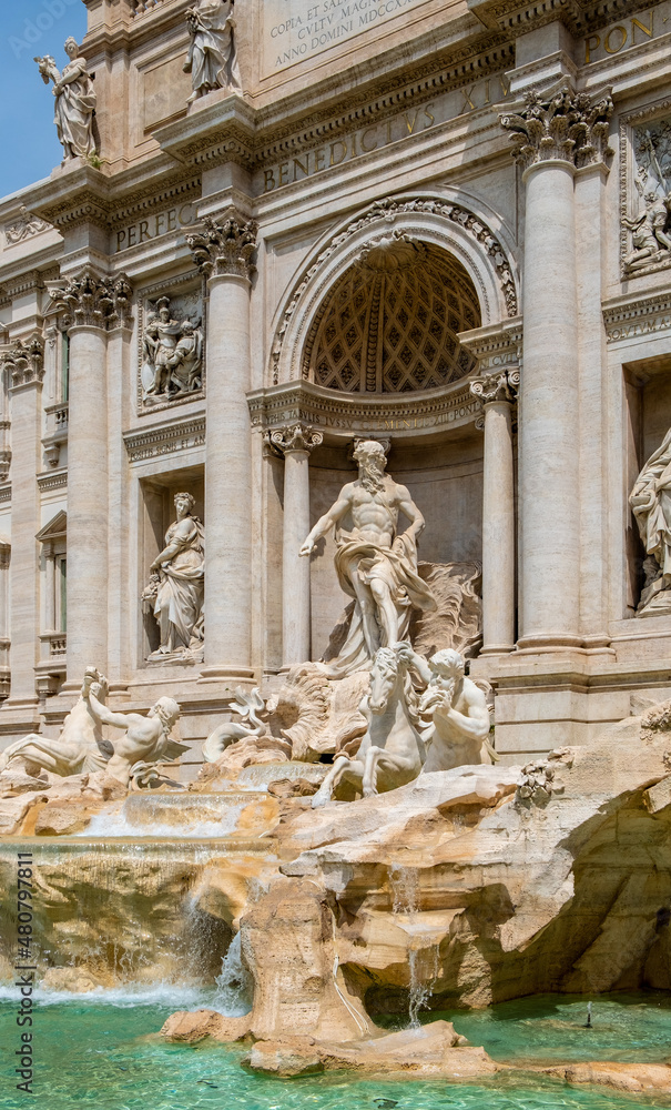 Fontana di Trevi Fountain by Nicola Salvi in front of Palazzo Poli Palace in Trevi quarter of historic Old Town city center of Rome in Italy