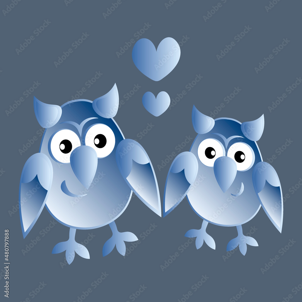 Fototapeta premium two owls in love with hearts. Cartoon birds. Pastiche. Children drawing