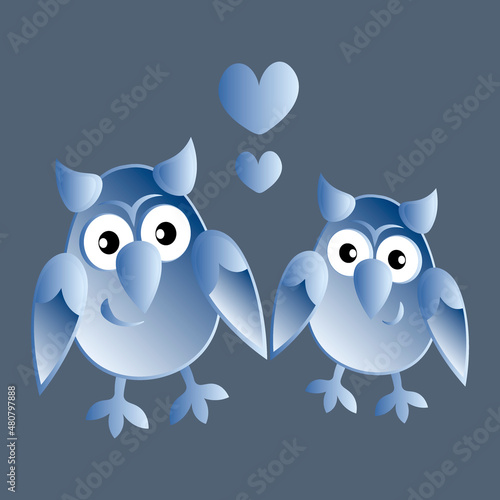 two owls in love with hearts. Cartoon birds. Pastiche. Children drawing