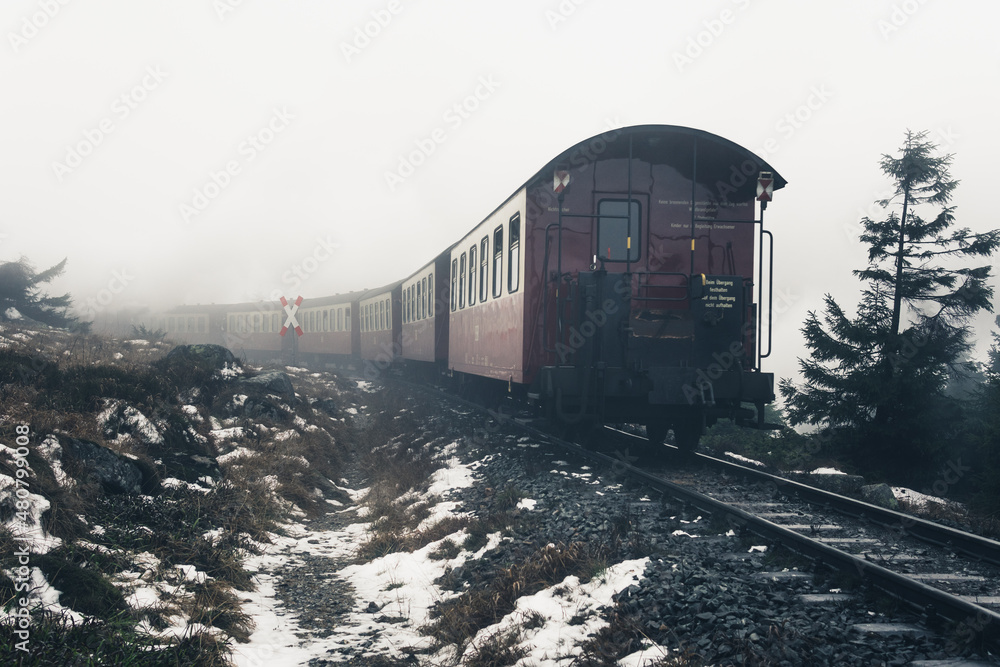 Obraz premium Fahrt zum Brocken mit dem Zug im Nebel