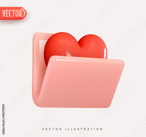 Pink file, open folder. 3d vector Icon with red heart. Realistic Elements for romantic design