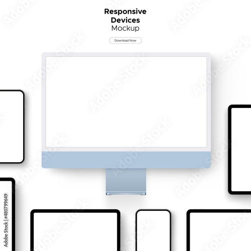 Responsive Devices Mockup for Showcasing Web Site or App Design. Computer Monitor, Tablet, Smartphone. Vector Illustration