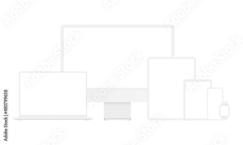 Set of Modern Clay Devices Mockups: PC, Laptop, Tablet, Smartphone, Smart Watch. Vector Illustration