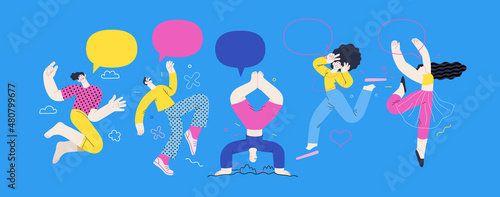 Happiness - happy young man and woman jumping in the air cheerfully. Modern flat vector concept illustration of a happy jumping and dancing person. Feeling and emotion concept.