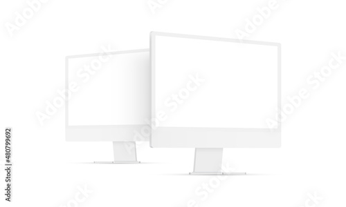 Clay Computer Monitors Mockups With Blank Screens, Perspective Side View, Isolated on White Background. Vector Illustration