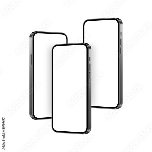 Phones Mockups with Blank Screens, Side View, Isolated on White Background. Vector Illustration