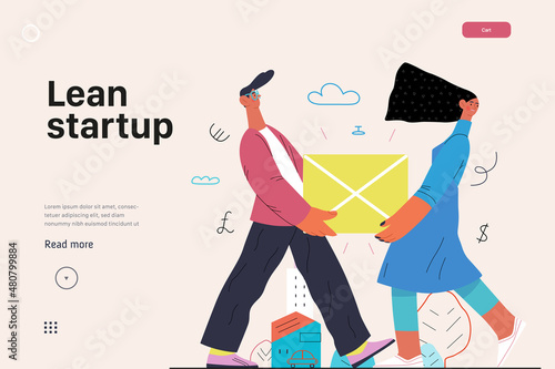 Startup illustration, website landing template Flat line vector modern concept illustration, startup metaphor. Concept of building new business, strategy, company processes. Lean startup