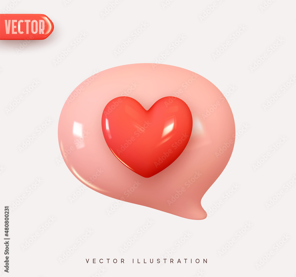 3d vector icon message dialog button with red heart. Realistic Elements for romantic design. Isolated object on pink background