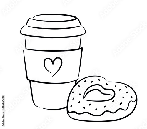 Paper cup for drinks with a heart.Black contour isolated on a white background. A simple drawing of a donut in the form of a heart with icing and sprinkles. 