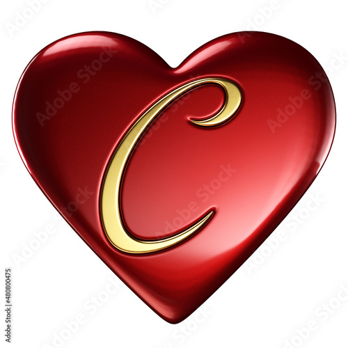 Heart, red glossy, gold letter C embedded