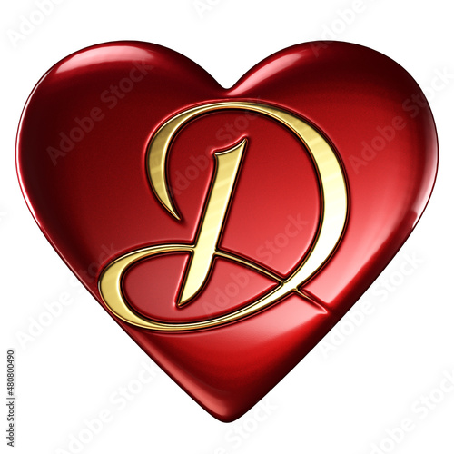 Heart, red glossy, gold letter D embedded